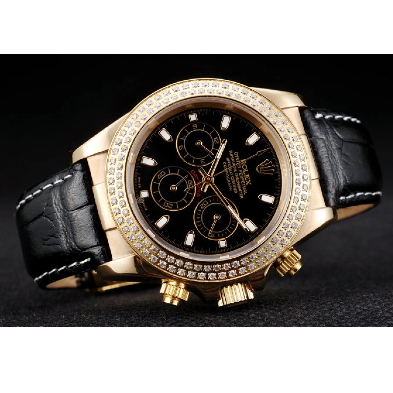 Aaa replica watch Crystal Daytona Dial Rolex Case Black Bezel Studded Gold 0707